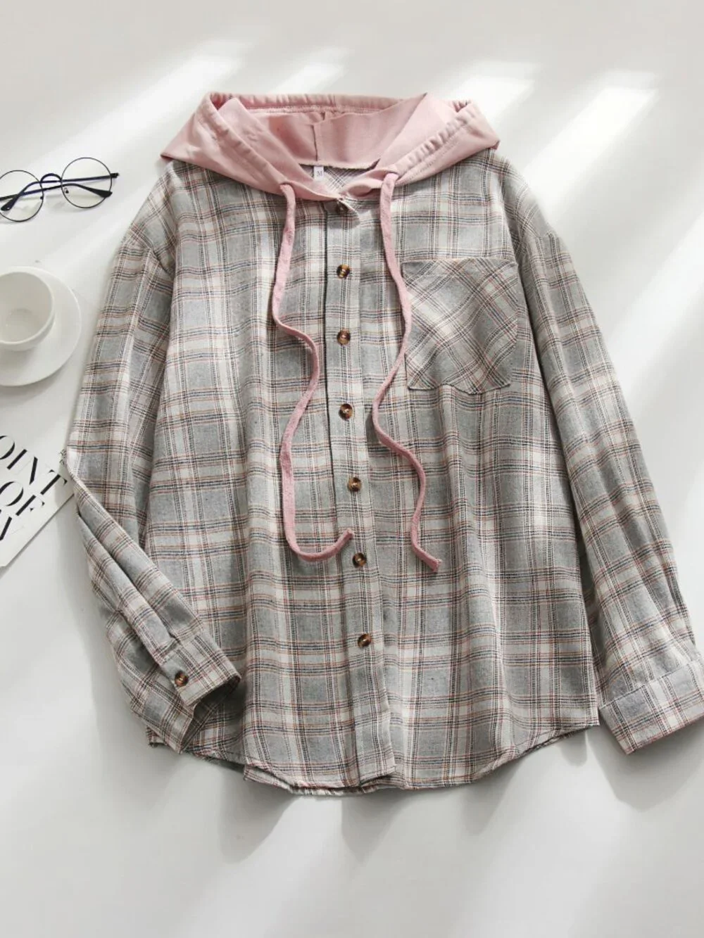 Women's Gray Plaid Hooded Shirt Casual Long Sleeve Top